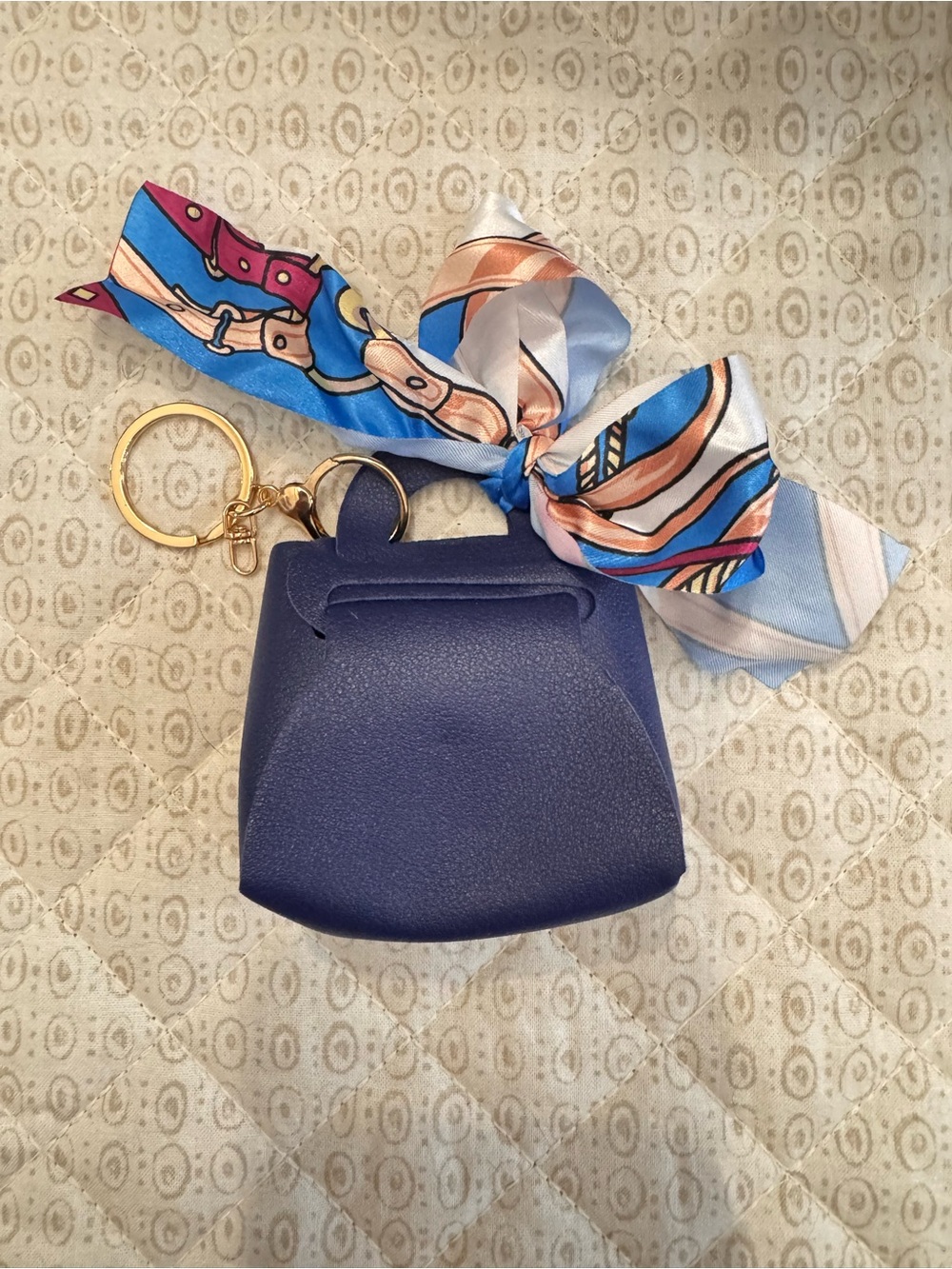 Navy Mini Purse Keychain with Silk Scarf Accent